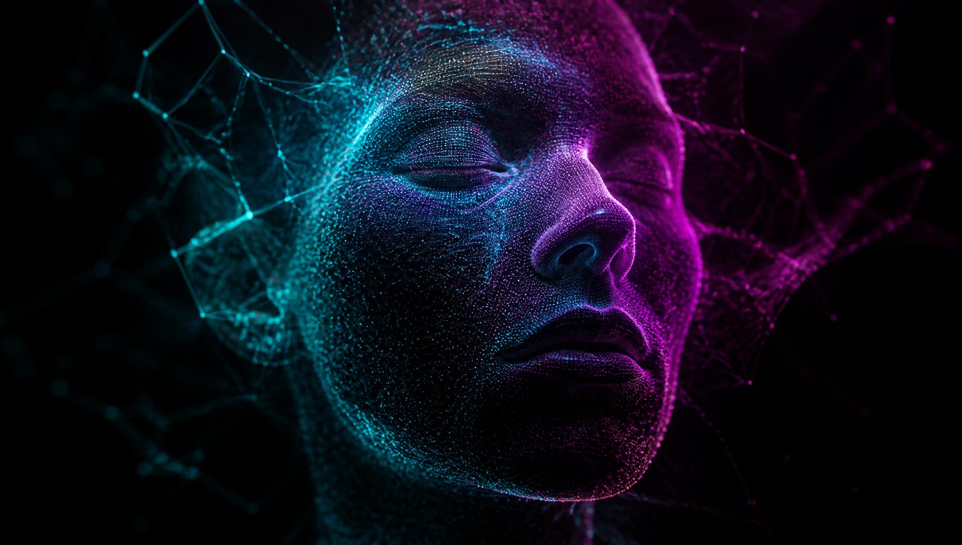 Visage humain reconstruit en maillage lumineux par synthèse vidéo