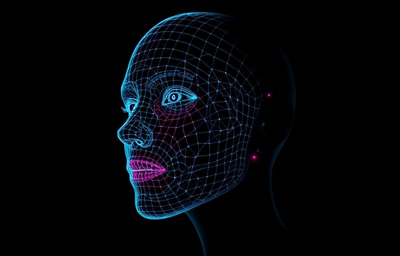 Maillage de suivi facial en fil de fer cyan