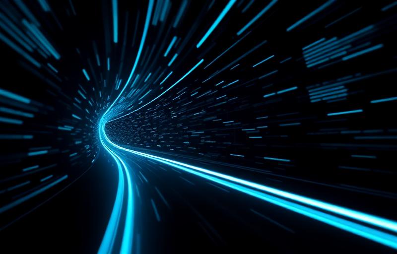 Traînées de lumière cyan illustrant un flux temps réel