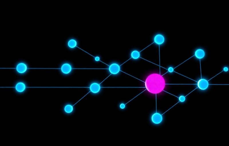 Graphe de nœuds lumineux représentant un pipeline logiciel